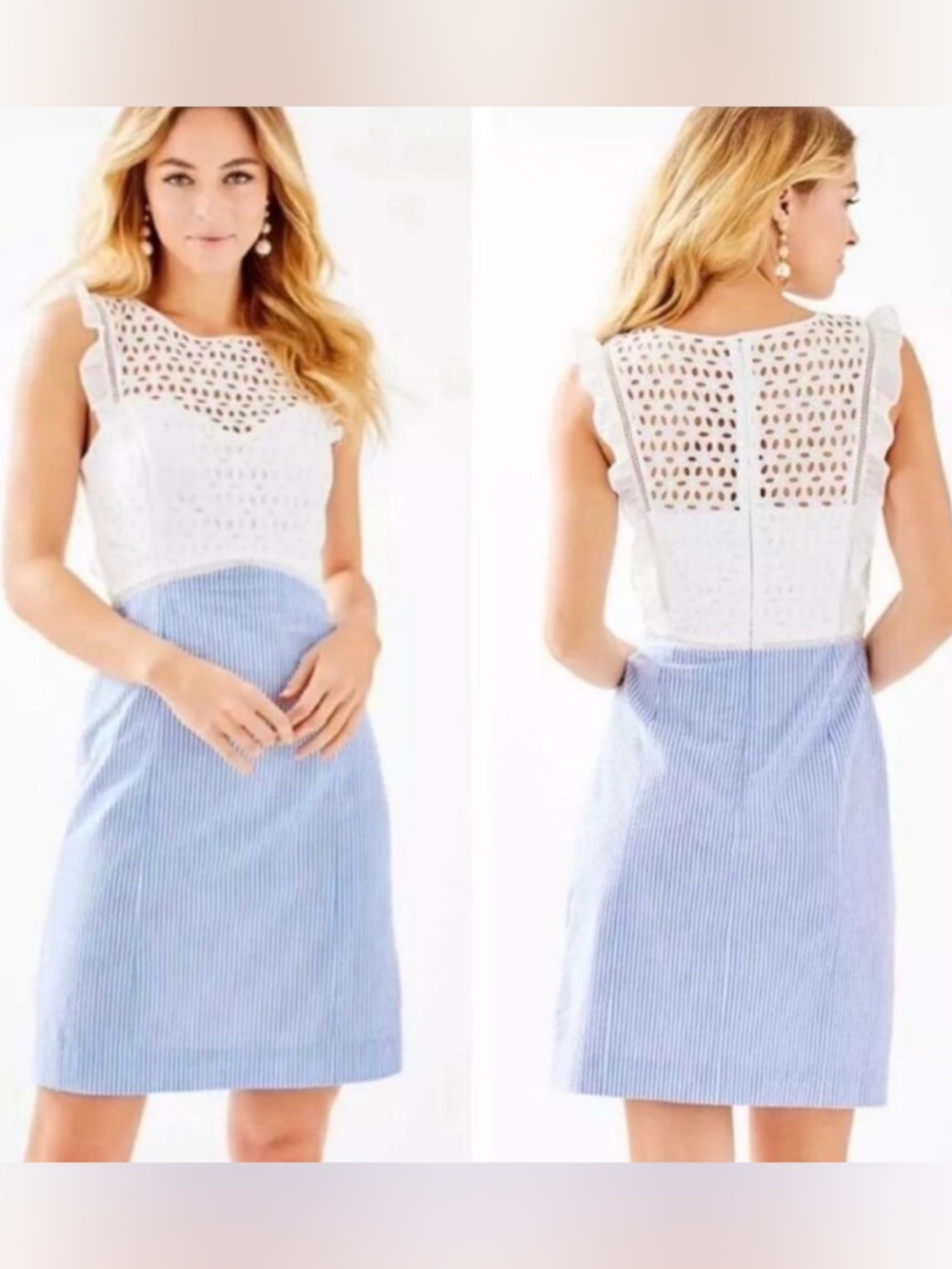 Lilly Pulitzer Maya Shift Dress White Eyelet and Blue Seersucker size 0